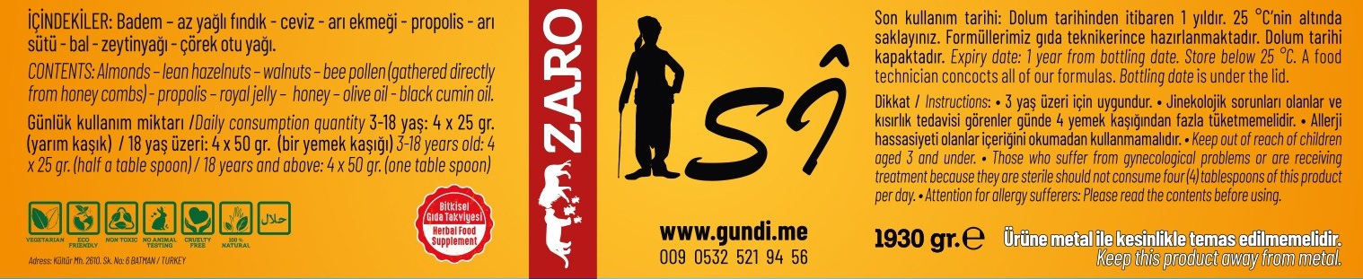 ZARO – Doğal bitkisel gıda takviyesi, ürün etiketi